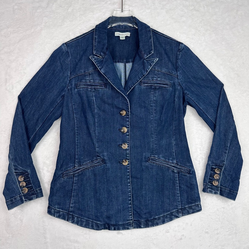 Coldwater Creek Womens Blue Denim Jacket Shacket Button Front Dark Wash Size 10